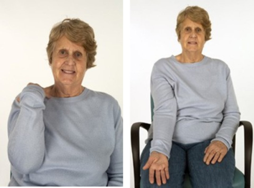 Woman with elbow bent and hand resting on shoulder, then with elbow straight and hand resting on knee