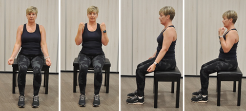 Person sitting on stool keeping elbows bent and lifting hands to shoulders