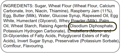 Cake ingredients label "disodium phosphate" circled 