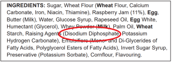 Cake ingredient label with red circle around Disodium Diphosphate