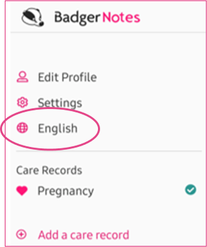 Screenshot of Badger Notes app with English on main menu circled