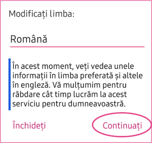 Badger Notes app language selected as Romanian, with continue option circled