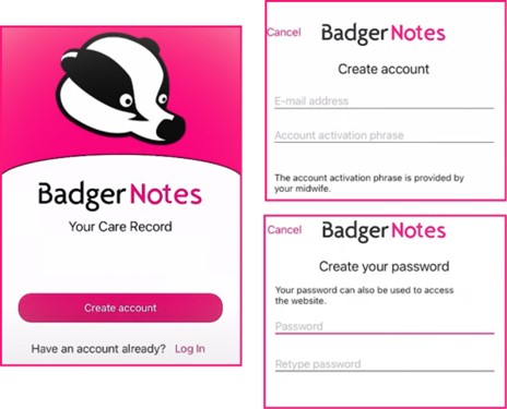 Screenshot of Badger Notes app showing Create account page and Create your password page