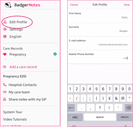 Screenshot of Badger Notes app Edit Profile section