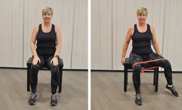 Person sitting on stool with resistance band around knees, moving one knee out to the side