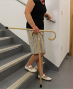 Going down stairs with 2 walking sticks