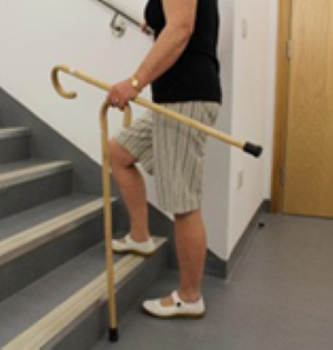 Person going up stairs holding 2 walking sticks