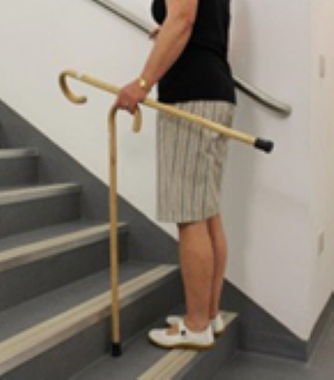 Person going up stairs holding 2 walking sticks