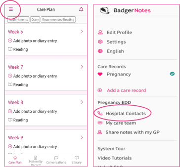 Screenshot of Badger Notes app with menu and Hospital Contacts circled