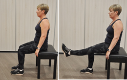 Person sitting on stool and raising one leg out straight 