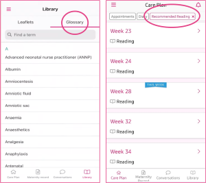 Screenshot of Badger Notes app with Glossary and Recommended Reading circled