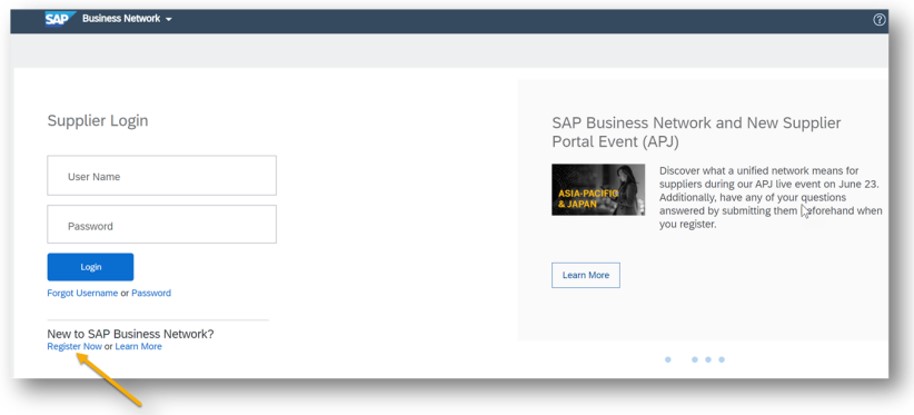 Login screen for SAP Ariba with arrow pointing to register now link