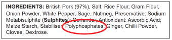 Sausages ingredient label with red circle around Polyphosphates