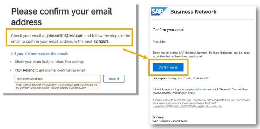 account confirmation screen in Ariba account registration