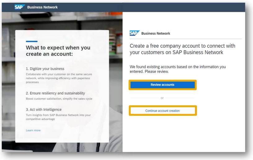 review or create account screen in account registration for SAP Ariba