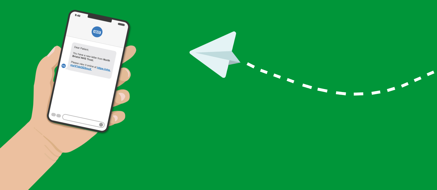 A graphic with a green background and an illustrated hand holding a mobile phone showing a text with a online letter. A paper airplane is shown traveling towards the phone.