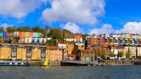 Colourful houses of Bristol over river Avon