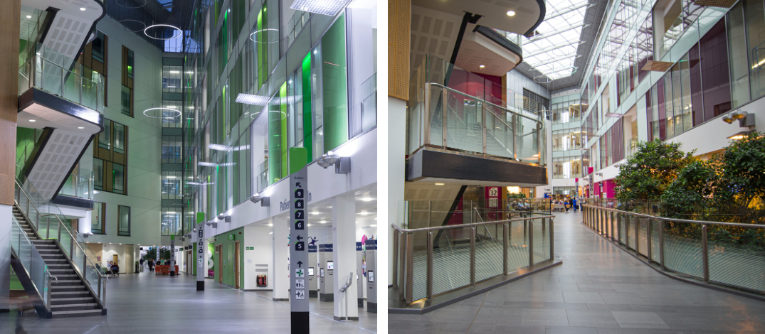 Two photos side by side of the Brunel atrium, one at night and one during the day.