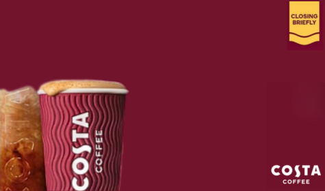 A red coffee cup with Costa Coffee written on it is displayed on a red background.