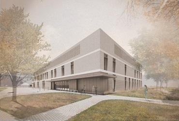 An artist's impression drawing of a building - the Elective Centre - with trees in the foreground