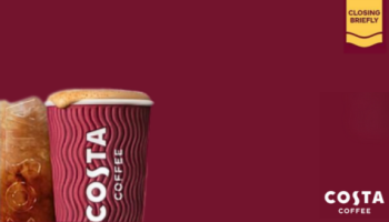 A red coffee cup with Costa Coffee written on it is displayed on a red background.