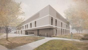 Artist impression of a grey building with trees around it