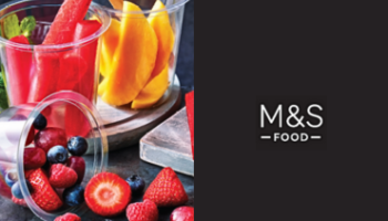 Photograph of different fruit in plastic pots alongside M&S logo