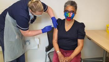 Lord Lieutenant of Bristol, Peaches Golding, receives her COVID-19 jab as part of the Com-COV trial