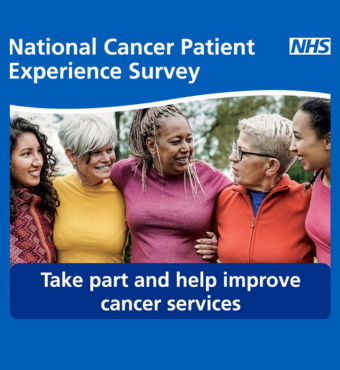 Five people with their arms around each other smiling, promoting the National Cancer Patient Experience Survey.